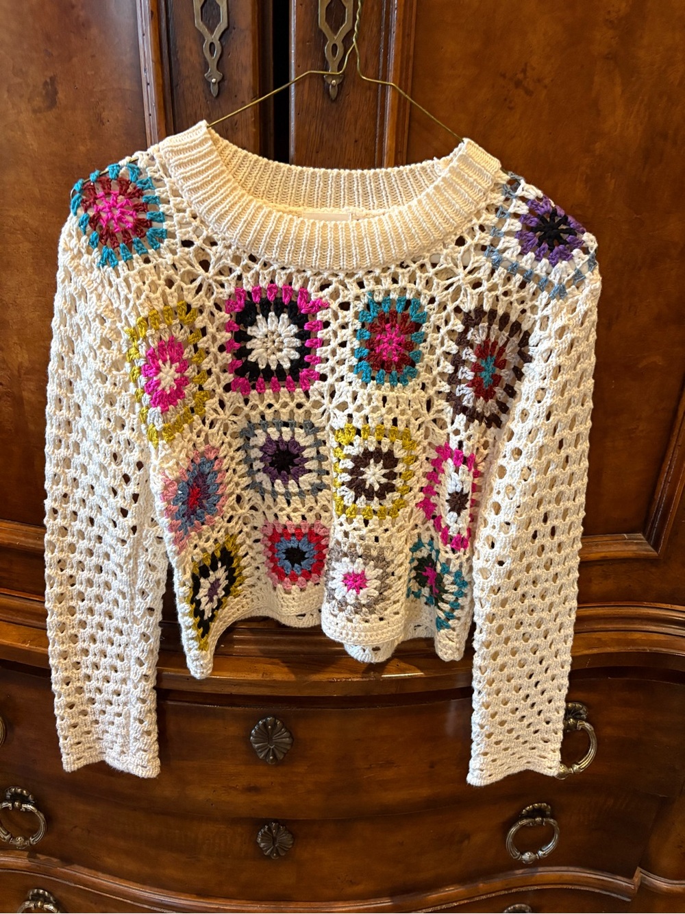 Cream Crochet Crop Top with Multicolor Granny Squares
